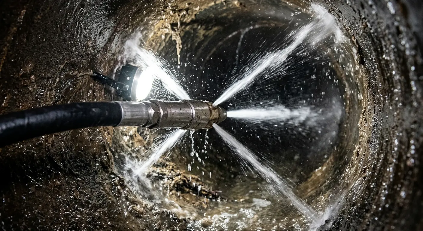 High-pressure hydro jetting nozzle cleaning sewer pipe for Emergency Drain Service in Asheboro