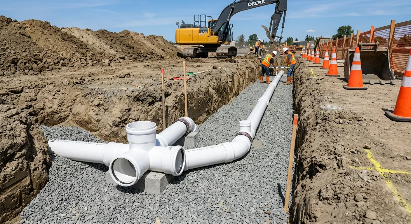New PVC sewer pipe installation in open trench for Commercial Drain Cleaning in Asheboro