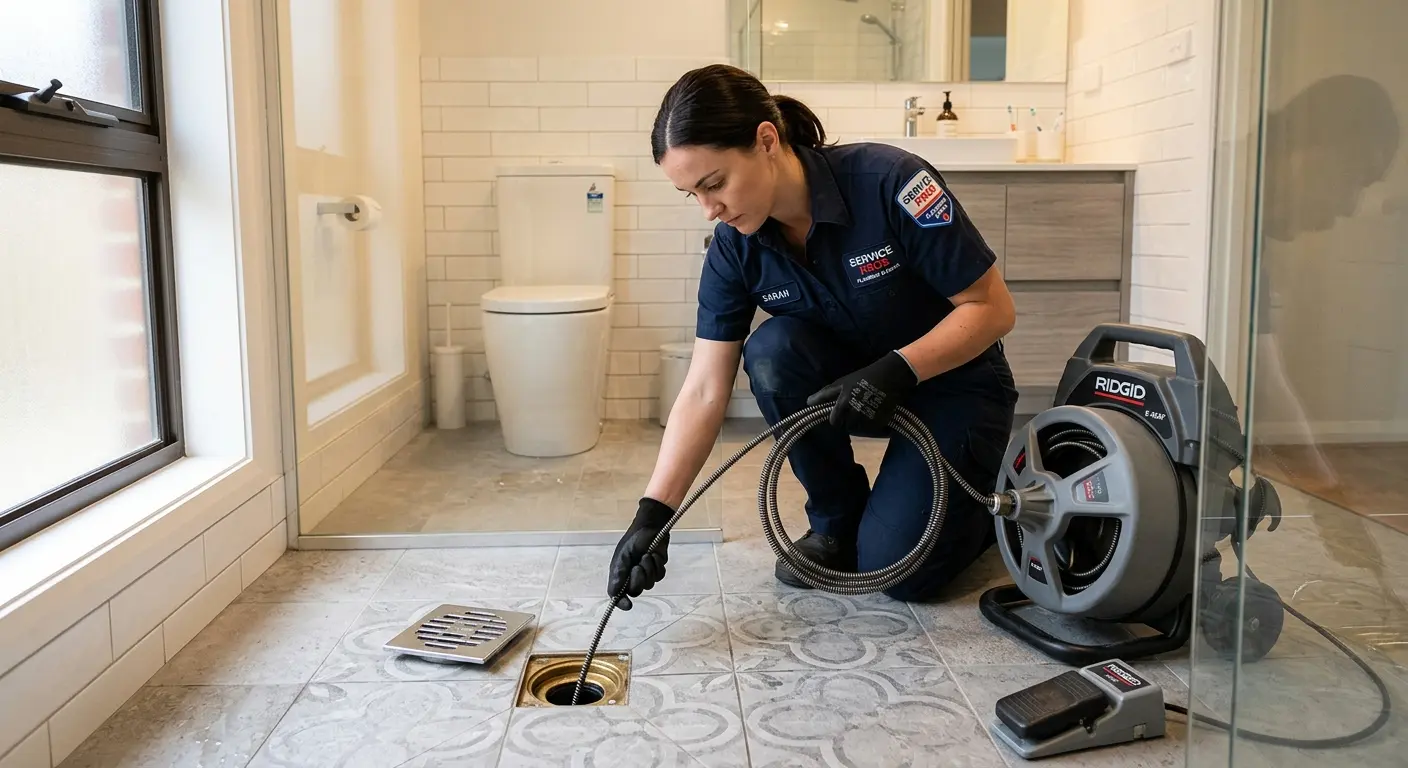 Technician clearing a bathroom floor drain for Hydro Jetting in Asheboro